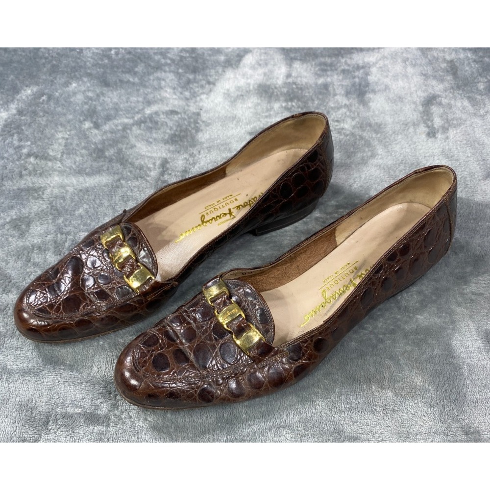 Salvatore Ferragamo Heels Womens‎ 6 Brown Croc Embossed Gold Bit Italy Leather
